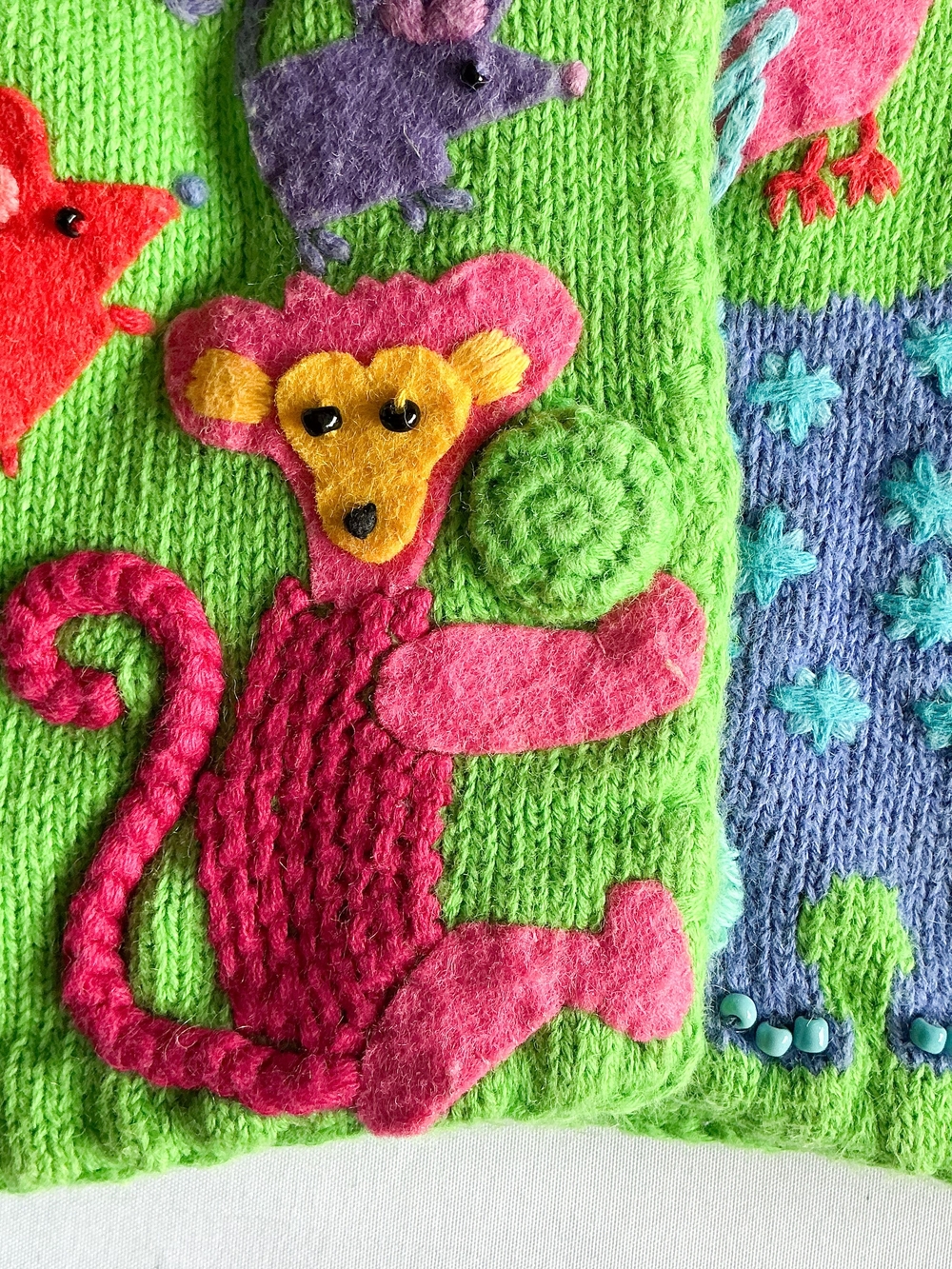 Vtg Michael Simon Animal Cardigan Sweater Bright Green Jungle Safari Knit Sz Med - Picture 3 of 15